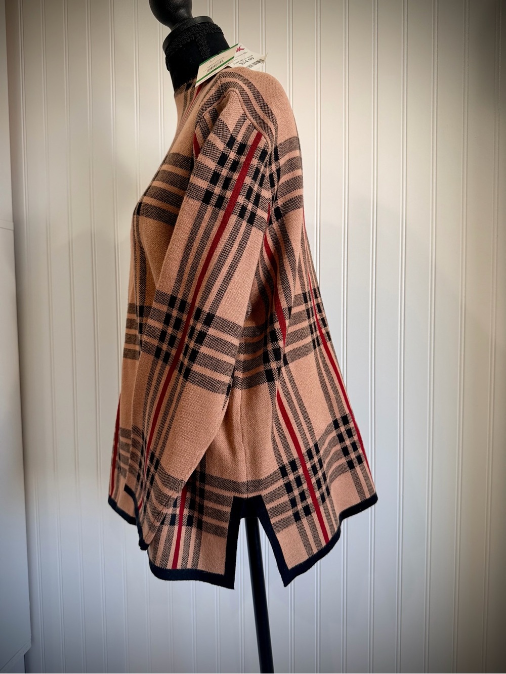 Anne Klein Beige Plaid Poncho with Black & Red Accents